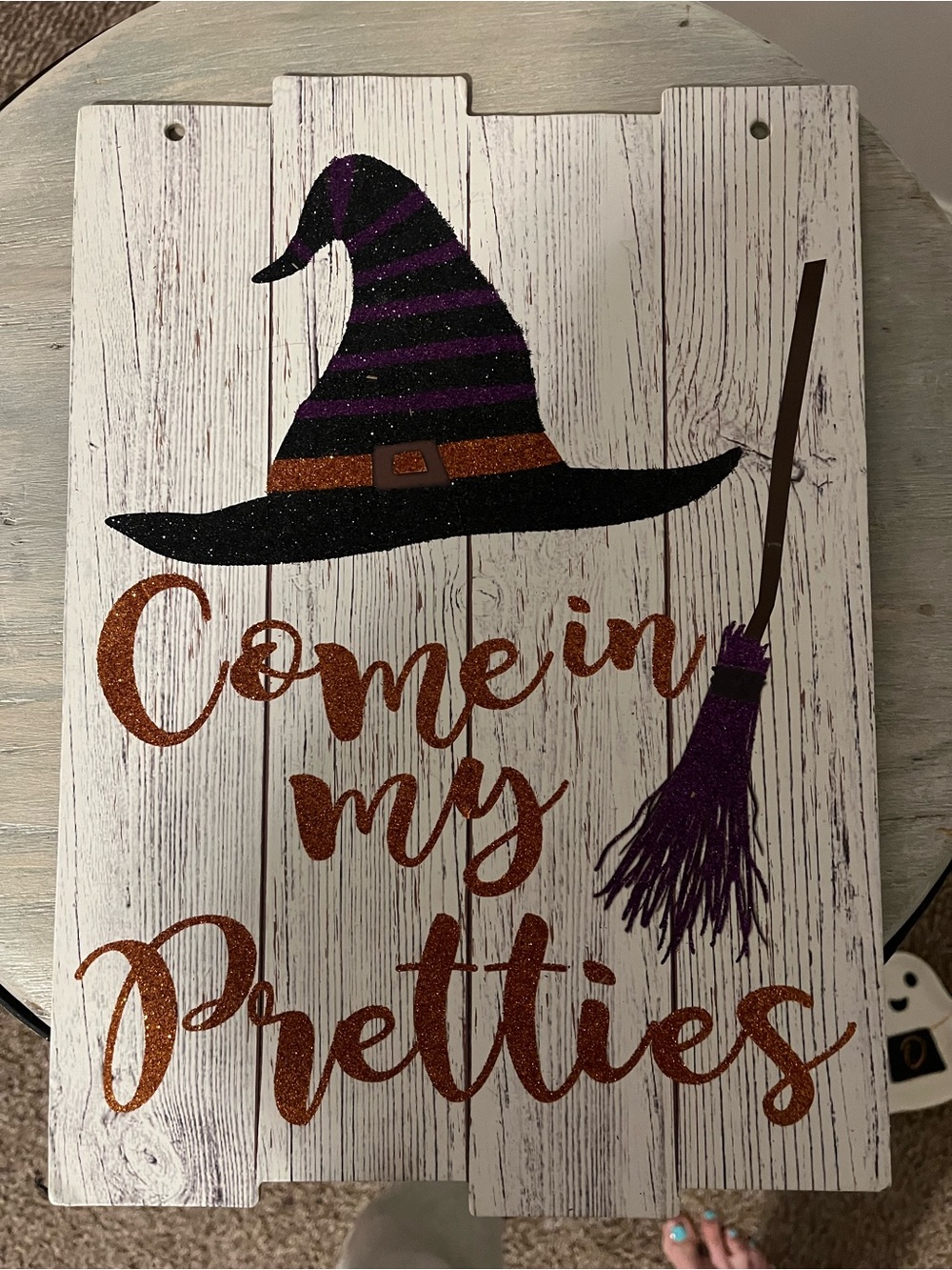 Halloween Witch Hat and Broom Wall Plaque - Black, Purple, Orange